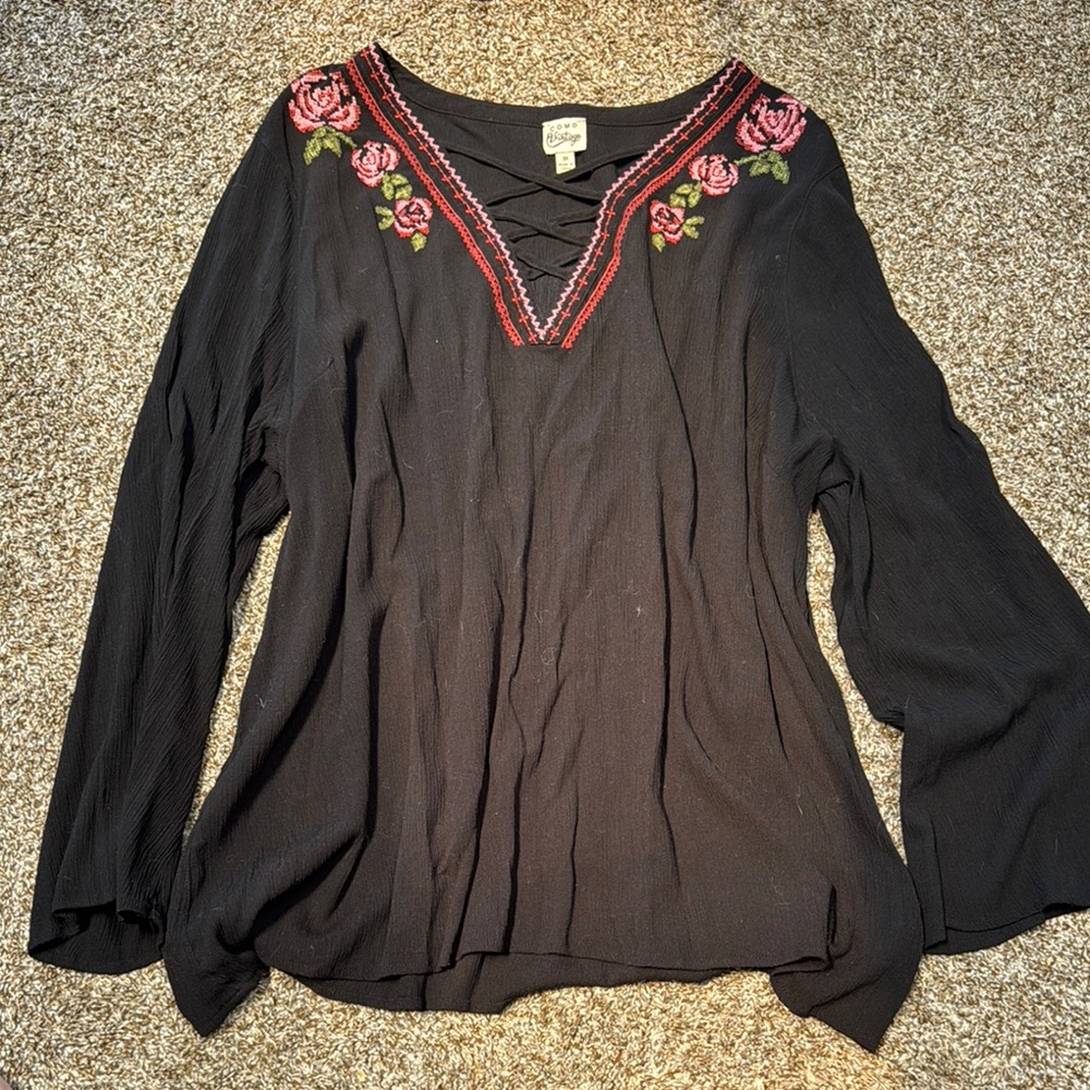 Como Vintage Black Embroidered Long Sleeve Blouse